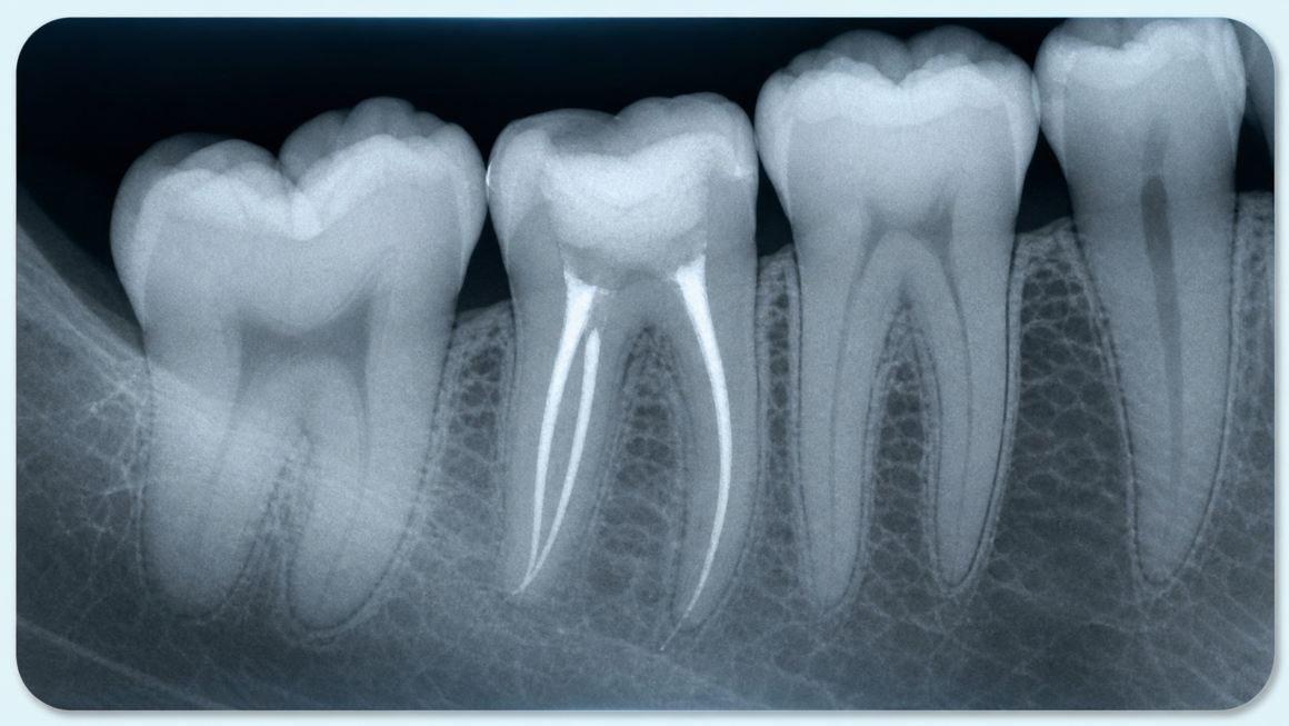 Dental X-ray showing completed root canal treatment in a molar