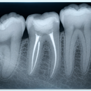 Dental X-ray showing completed root canal treatment in a molar