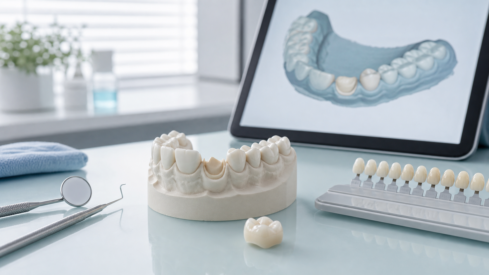 Dental model, ceramic crown and digital bite scan for restoration planning