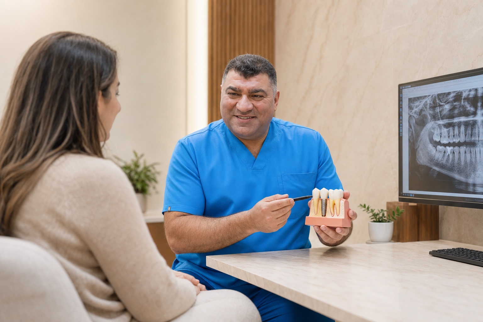 Dr Ehsan Alekajbaf explaining dental treatment choices to a patient