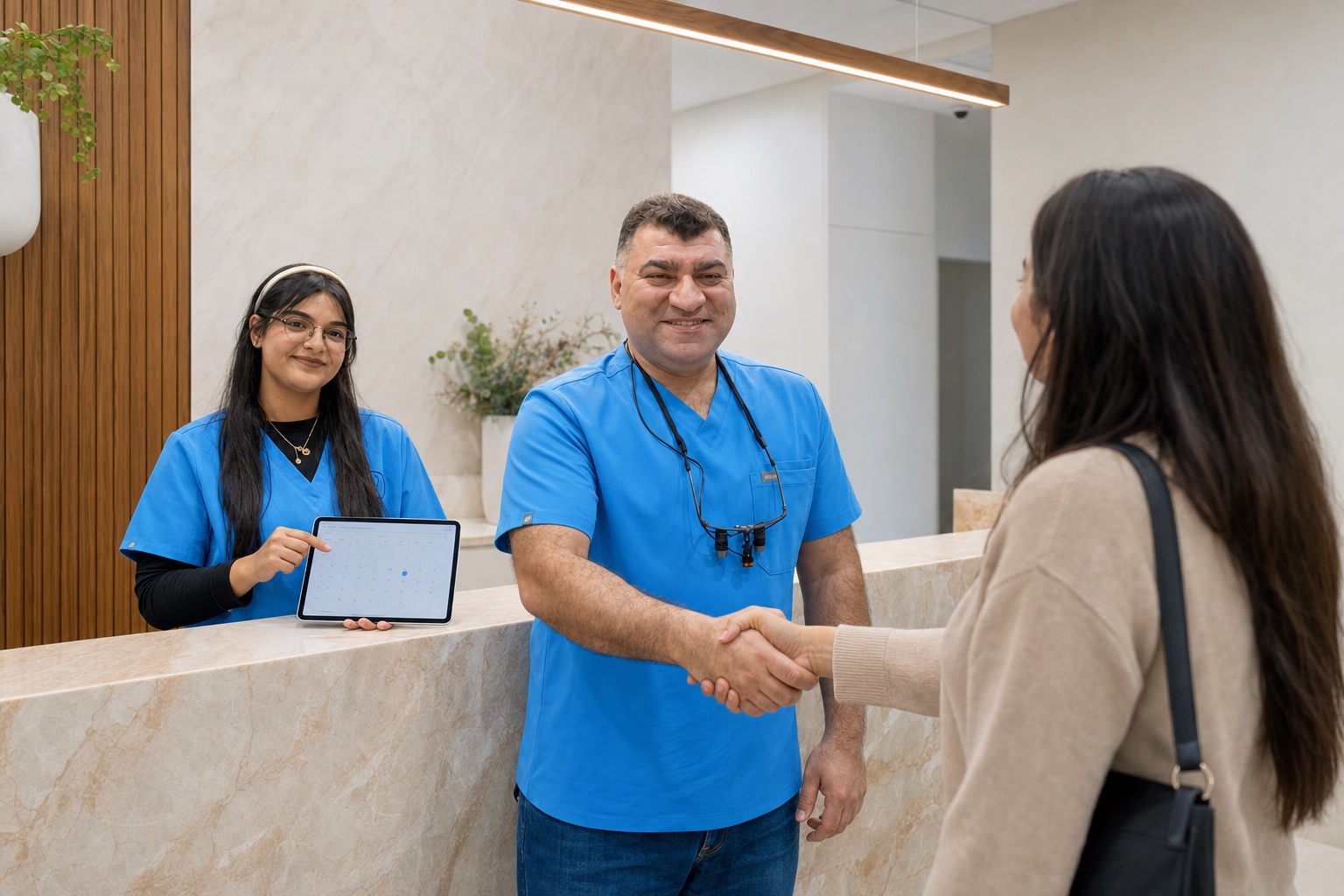 Dr Ehsan Alekajbaf welcoming a patient at the Smile and Shine Dental reception