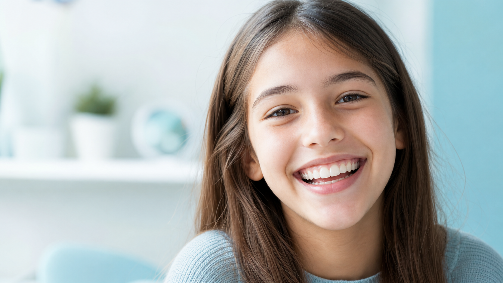 Young girl smiling naturally while wearing a transparent clear aligner