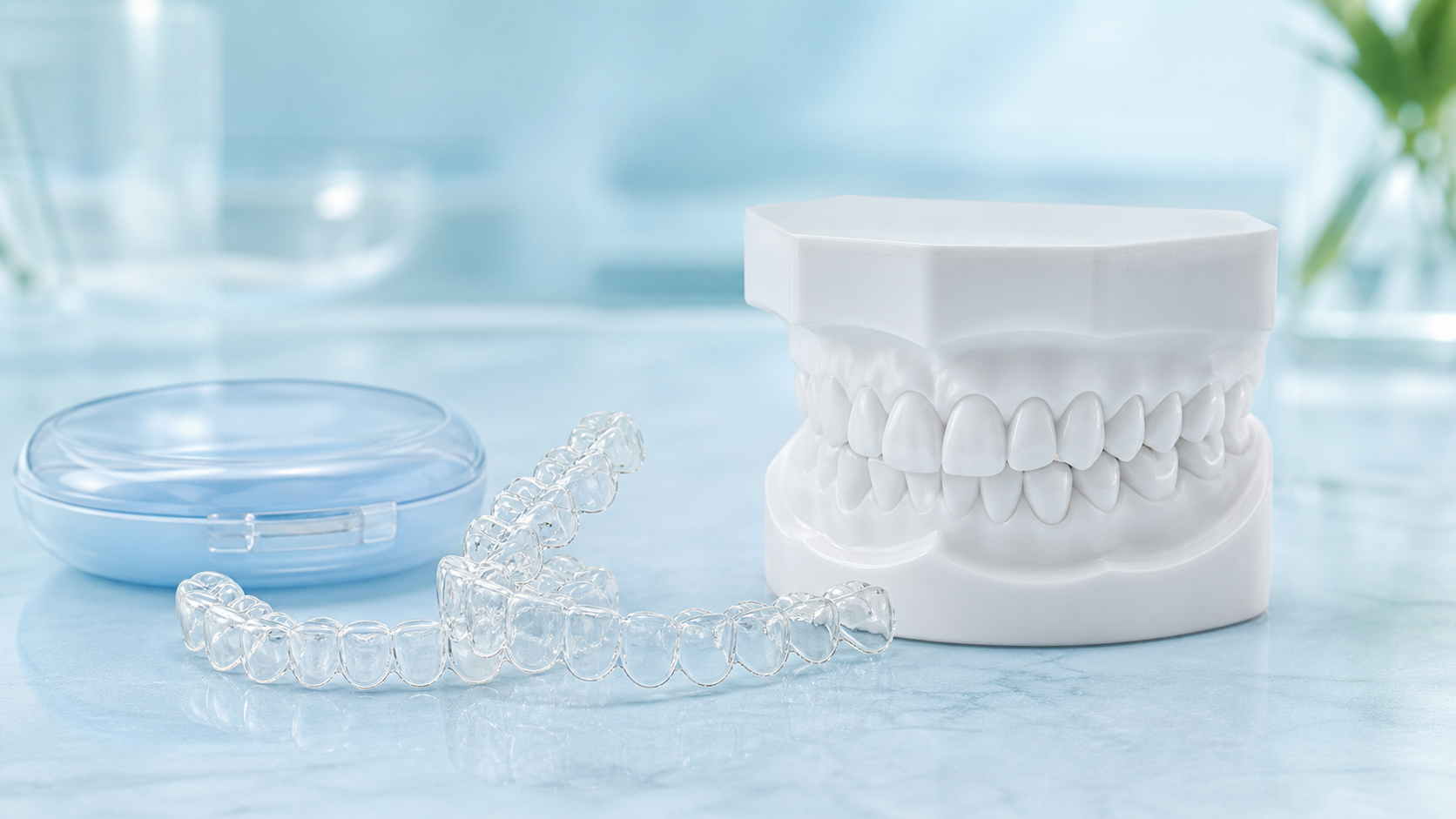 Transparent clear aligner trays beside a white dental model on a pale blue background