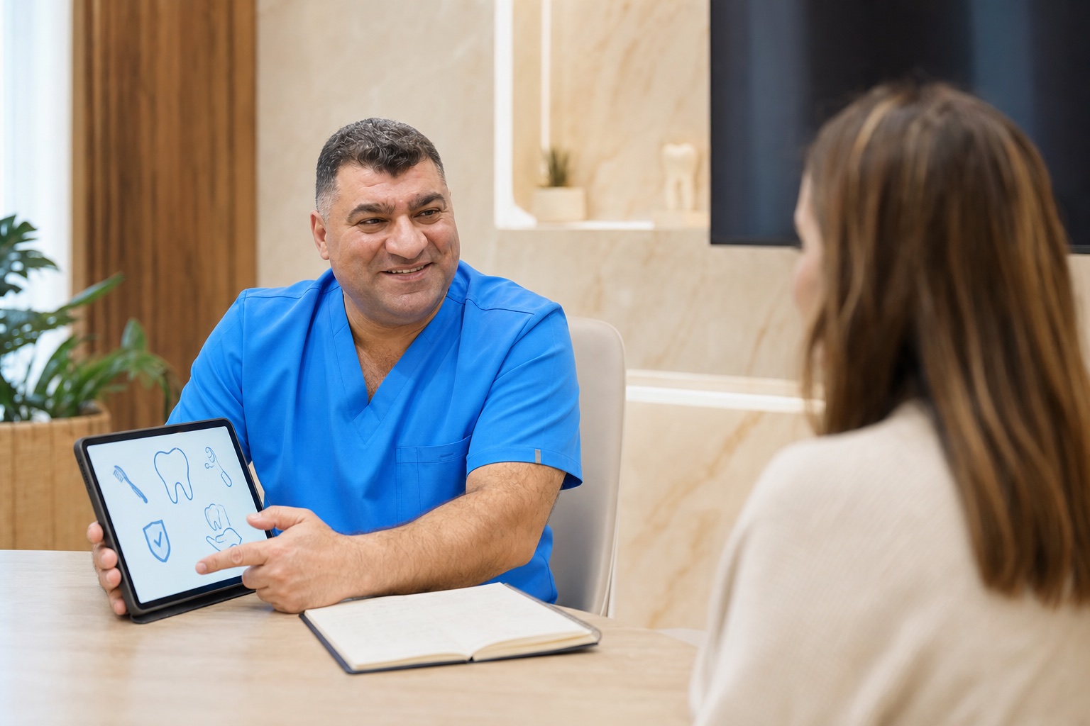 Dr Ehsan Alekajbaf answering a patient’s dental questions with a tablet