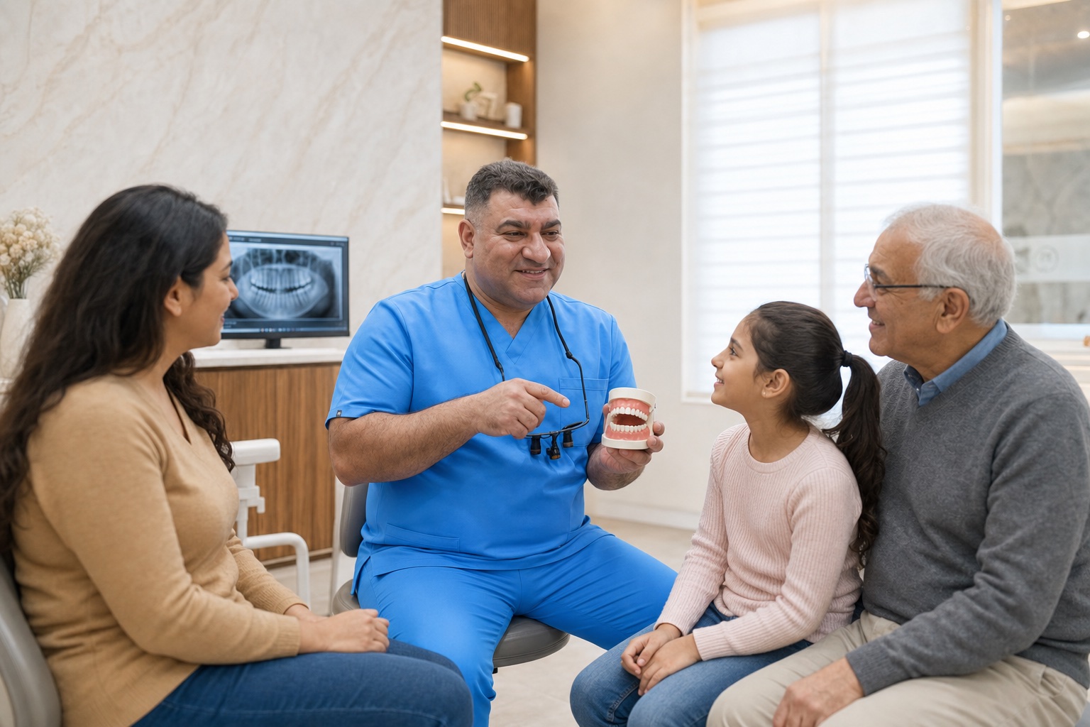Dr Ehsan Alekajbaf discussing dental care with a family