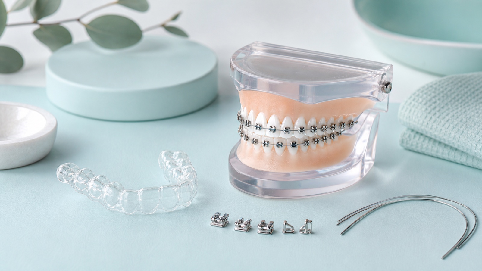 Orthodontic braces model with clear aligner and treatment components