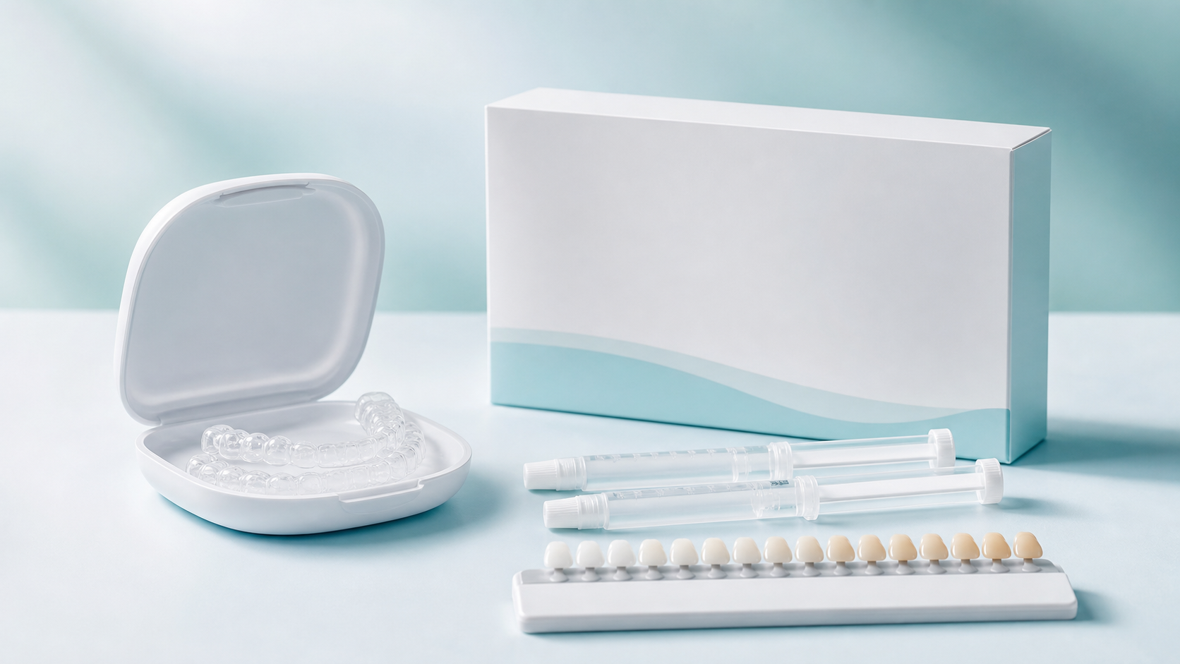 Dentist-guided teeth whitening trays, whitening gel and tooth shade guide