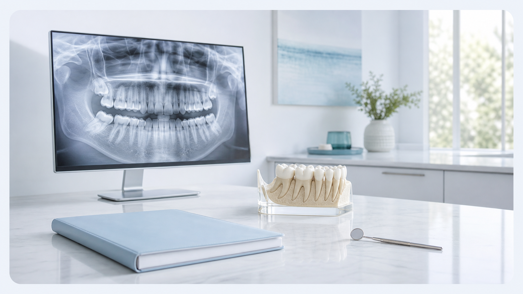 Panoramic dental X-ray and jaw model for wisdom tooth treatment planning