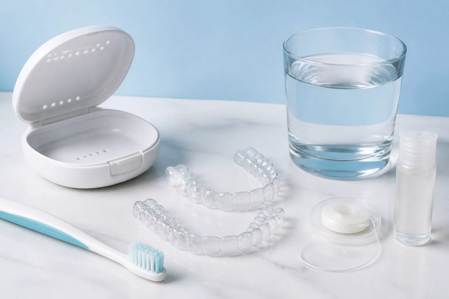 Clear aligner case, toothbrush and cleaning items arranged for daily aligner care