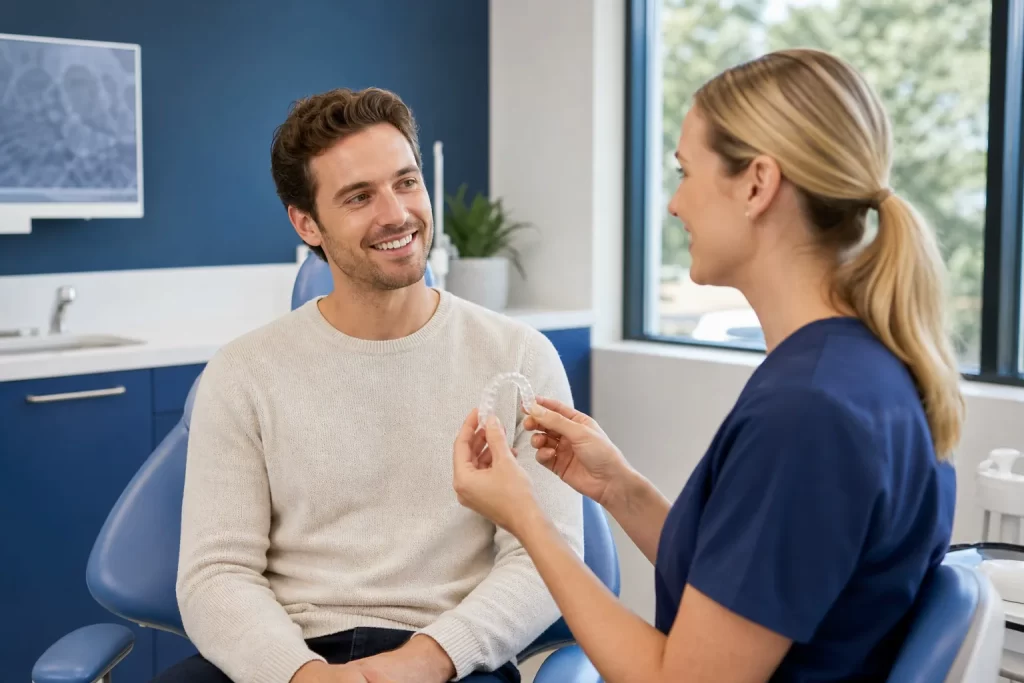 Dentist discussing a Spark clear aligner treatment plan with a patient