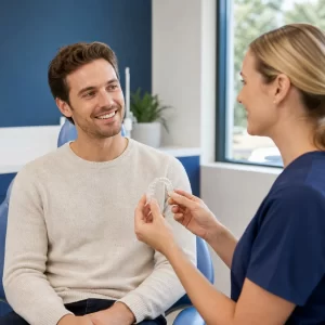 spark-aligners-consultation-cockburn Dentist discussing a clear aligner treatment plan with a patient in a modern dental clinic